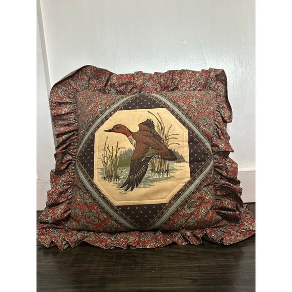 Vintage Decorative Throw Pillow  Duck In Flight Ruffled Edge Paisley Pattern - Picture 4 of 5